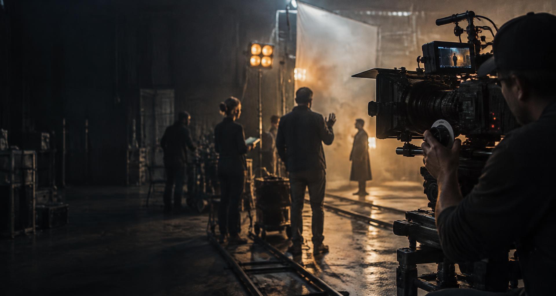 Professional cinema camera and crew on a film production set